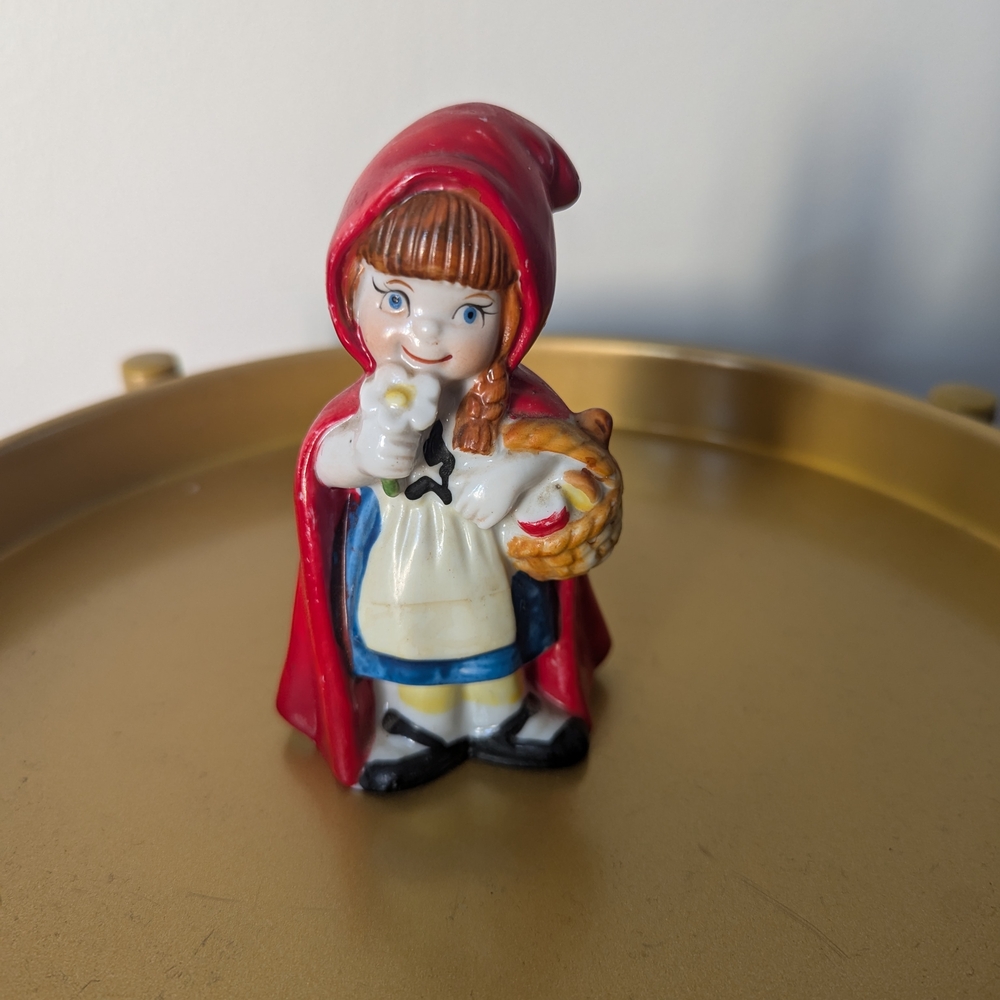 JSNY Vintage Little Red Riding Hood Porcelain Figurine with Basket Trinket Bell